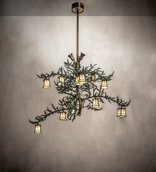 Meyda Lighting Pine Branch 52" 15-Light Antique Copper & Green Needles Valley View Island Chandelier With Beige Iridescent Shade Glass