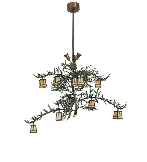 Meyda Lighting Pine Branch 52" 15-Light Antique Copper & Green Needles Valley View Island Chandelier With Beige Iridescent Shade Glass