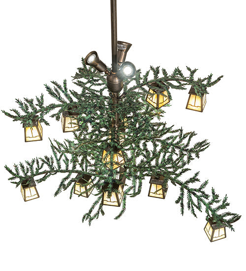 Meyda Lighting Pine Branch 52" 15-Light Antique Copper & Green Needles Valley View Island Chandelier With Beige Iridescent Shade Glass
