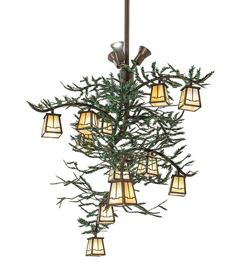 Meyda Lighting Pine Branch 52" 15-Light Antique Copper & Green Needles Valley View Island Chandelier With Beige Iridescent Shade Glass
