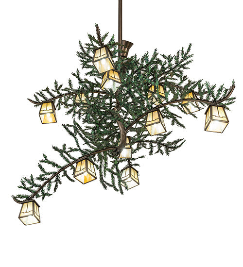 Meyda Lighting Pine Branch 52" 15-Light Antique Copper & Green Needles Valley View Island Chandelier With Beige Iridescent Shade Glass