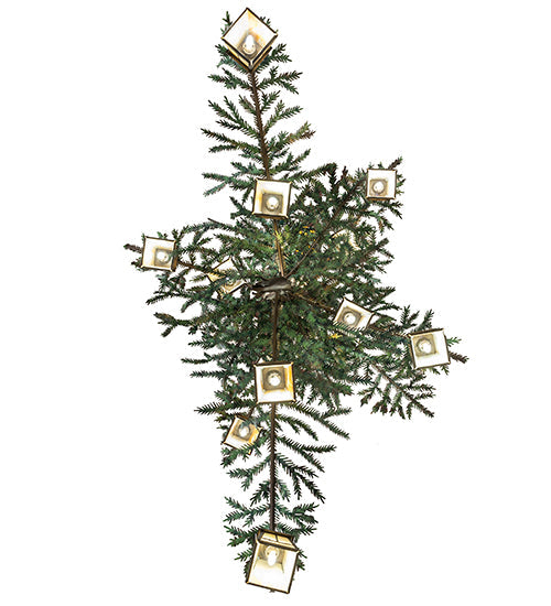 Meyda Lighting Pine Branch 52" 15-Light Antique Copper & Green Needles Valley View Island Chandelier With Beige Iridescent Shade Glass