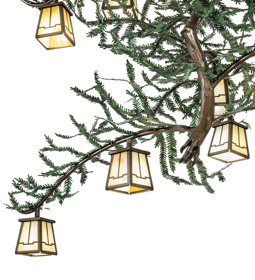 Meyda Lighting Pine Branch 52" 15-Light Antique Copper & Green Needles Valley View Island Chandelier With Beige Iridescent Shade Glass