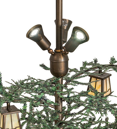 Meyda Lighting Pine Branch 52" 15-Light Antique Copper & Green Needles Valley View Island Chandelier With Beige Iridescent Shade Glass