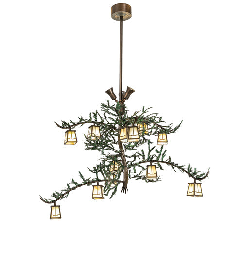Meyda Lighting Pine Branch 52" 15-Light Antique Copper & Green Needles Valley View Island Chandelier With Beige Iridescent Shade Glass