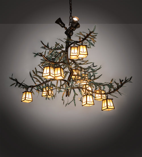 Meyda Lighting Pine Branch 52" 15-Light Antique Copper & Green Pine Needles Chandelier With Beige Art Shade Glass
