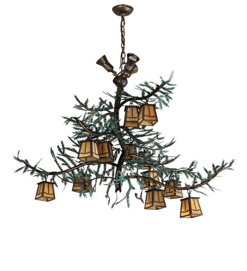 Meyda Lighting Pine Branch 52" 15-Light Antique Copper & Green Pine Needles Chandelier With Beige Art Shade Glass