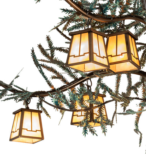 Meyda Lighting Pine Branch 52" 15-Light Antique Copper & Green Pine Needles Chandelier With Beige Art Shade Glass