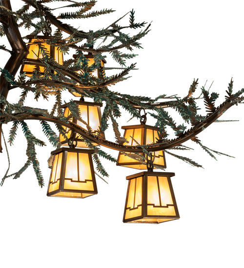 Meyda Lighting Pine Branch 52" 15-Light Antique Copper & Green Pine Needles Chandelier With Beige Art Shade Glass