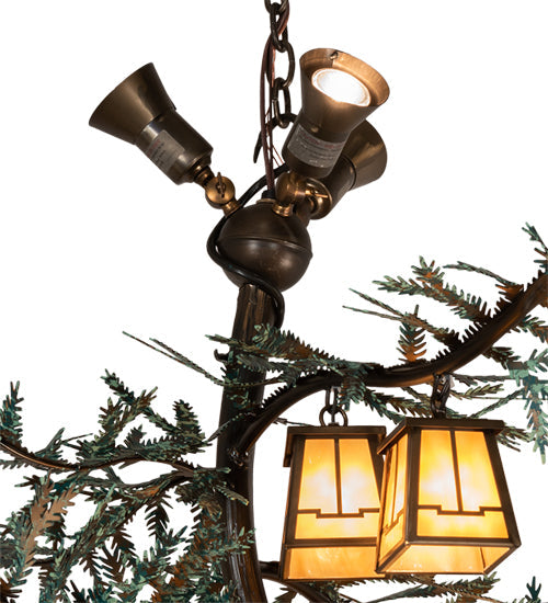Meyda Lighting Pine Branch 52" 15-Light Antique Copper & Green Pine Needles Chandelier With Beige Art Shade Glass