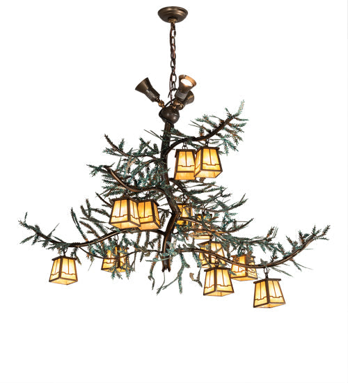 Meyda Lighting Pine Branch 52" 15-Light Antique Copper & Green Pine Needles Chandelier With Beige Art Shade Glass