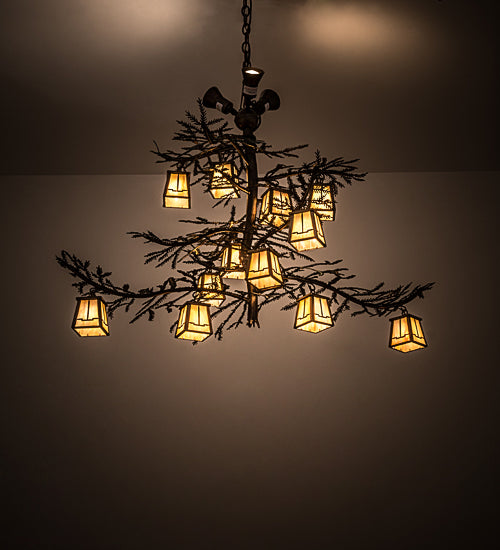 Meyda Lighting Pine Branch 52" 15-Light Antique Copper & Green Valley View Chandelier With Beige Iridescent Shade Glass