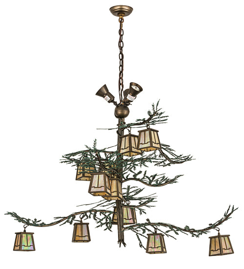 Meyda Lighting Pine Branch 52" 15-Light Antique Copper & Green Valley View Chandelier With Beige Iridescent Shade Glass
