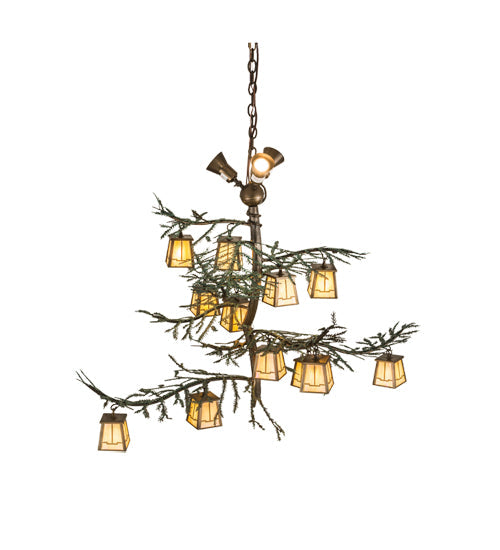 Meyda Lighting Pine Branch 52" 15-Light Antique Copper & Green Valley View Chandelier With Beige Iridescent Shade Glass