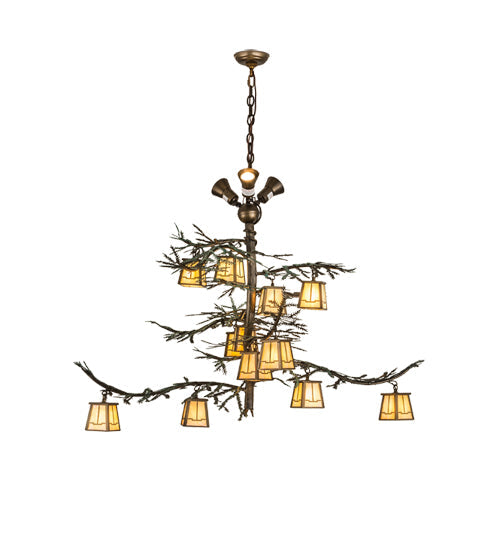 Meyda Lighting Pine Branch 52" 15-Light Antique Copper & Green Valley View Chandelier With Beige Iridescent Shade Glass