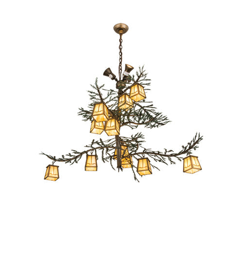Meyda Lighting Pine Branch 52" 15-Light Antique Copper & Green Valley View Chandelier With Beige Iridescent Shade Glass