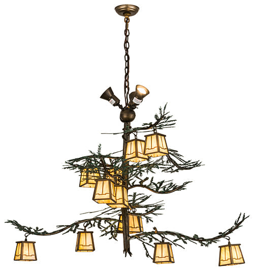 Meyda Lighting Pine Branch 52" 15-Light Antique Copper & Green Valley View Chandelier With Beige Iridescent Shade Glass