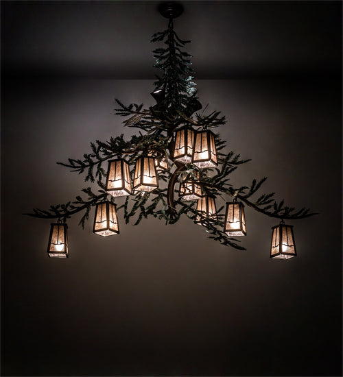 Meyda Lighting Pine Branch 52" 15-Light Cafe Noir & Timeless Bronze Valley View Chandelier With Silver Mica Shade Glass
