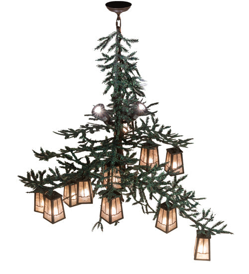 Meyda Lighting Pine Branch 52" 15-Light Cafe Noir & Timeless Bronze Valley View Chandelier With Silver Mica Shade Glass