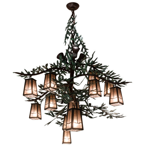 Meyda Lighting Pine Branch 52" 15-Light Cafe Noir & Timeless Bronze Valley View Chandelier With Silver Mica Shade Glass