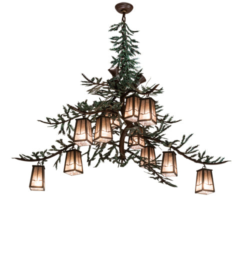 Meyda Lighting Pine Branch 52" 15-Light Cafe Noir & Timeless Bronze Valley View Chandelier With Silver Mica Shade Glass