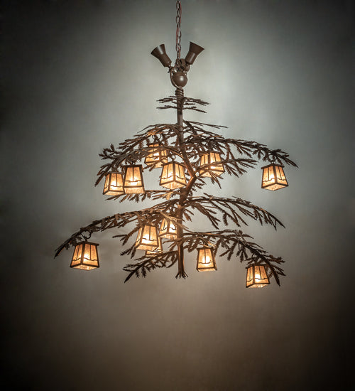 Meyda Lighting Pine Branch 52" 15-Light Cafe Noir Valley View Chandelier With Silver Mica Shade Glass