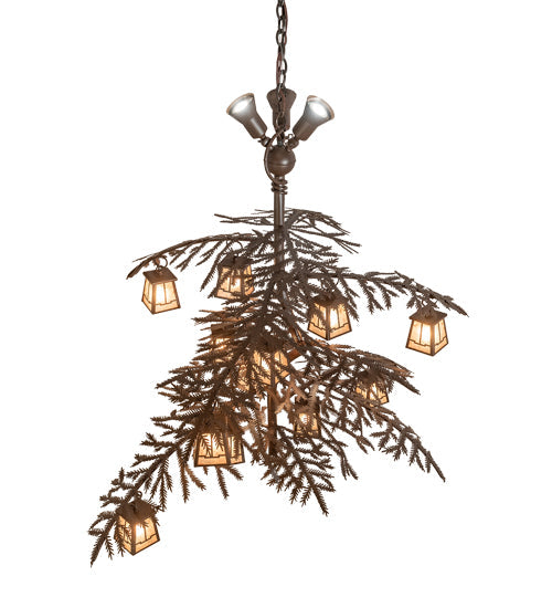 Meyda Lighting Pine Branch 52" 15-Light Cafe Noir Valley View Chandelier With Silver Mica Shade Glass