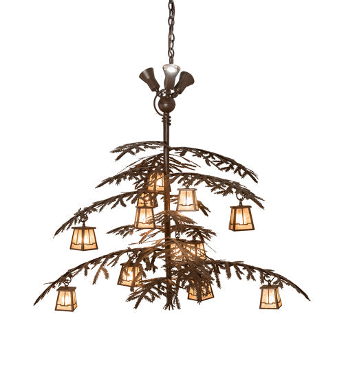 Meyda Lighting Pine Branch 52" 15-Light Cafe Noir Valley View Chandelier With Silver Mica Shade Glass