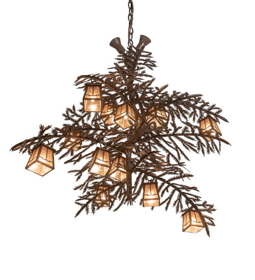Meyda Lighting Pine Branch 52" 15-Light Cafe Noir Valley View Chandelier With Silver Mica Shade Glass