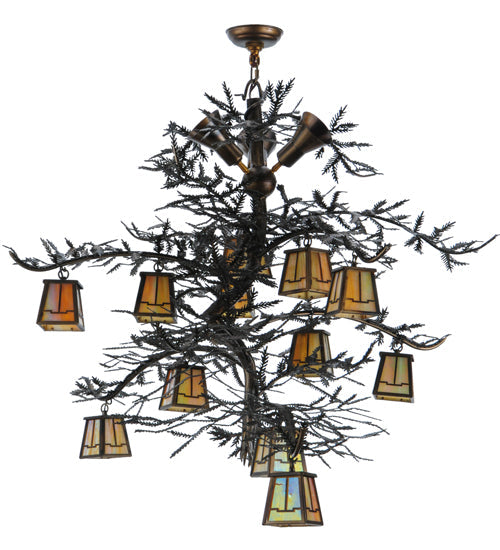 Meyda Lighting Pine Branch 52" 15-Light Dark Burnished Antique Copper Valley View Chandelier With Beige Iridescent Shade Glass