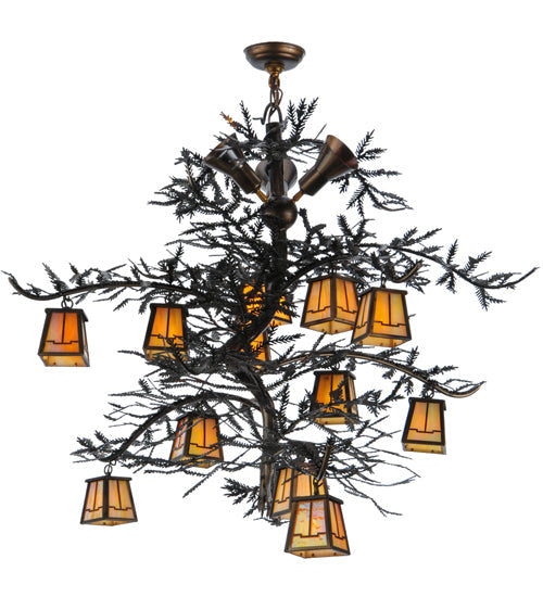Meyda Lighting Pine Branch 52" 15-Light Dark Burnished Antique Copper Valley View Chandelier With Beige Iridescent Shade Glass