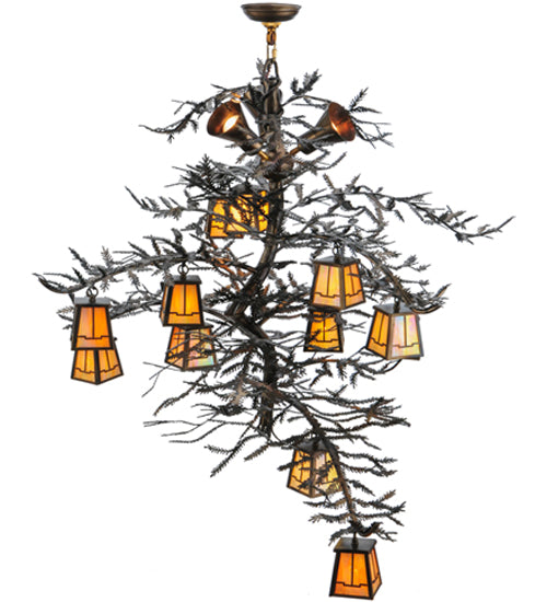 Meyda Lighting Pine Branch 52" 15-Light Dark Burnished Antique Copper Valley View Chandelier With Beige Iridescent Shade Glass