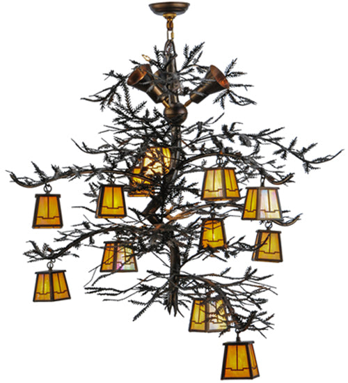Meyda Lighting Pine Branch 52" 15-Light Dark Burnished Antique Copper Valley View Chandelier With Beige Iridescent Shade Glass