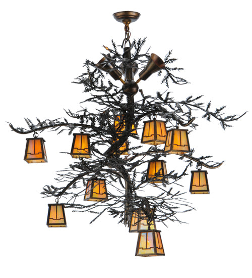 Meyda Lighting Pine Branch 52" 15-Light Dark Burnished Antique Copper Valley View Chandelier With Beige Iridescent Shade Glass