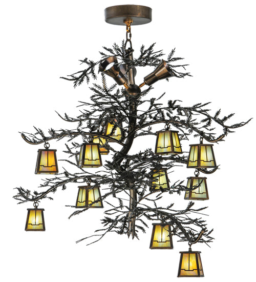 Meyda Lighting Pine Branch 52" 15-Light LED Dark Burnished Antique Copper Valley View Chandelier With Beige Iridescent Shade Glass