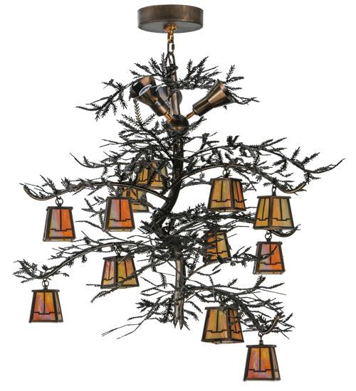 Meyda Lighting Pine Branch 52" 15-Light LED Dark Burnished Antique Copper Valley View Chandelier With Beige Iridescent Shade Glass