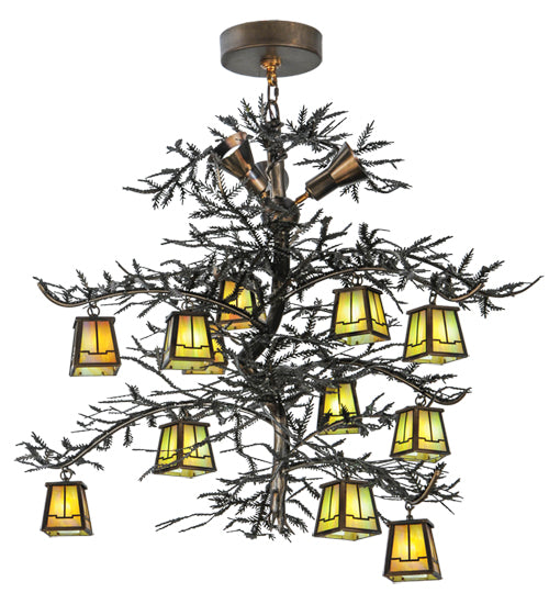 Meyda Lighting Pine Branch 52" 15-Light LED Dark Burnished Antique Copper Valley View Chandelier With Beige Iridescent Shade Glass