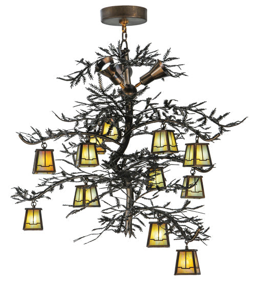 Meyda Lighting Pine Branch 52" 15-Light LED Dark Burnished Antique Copper Valley View Chandelier With Beige Iridescent Shade Glass