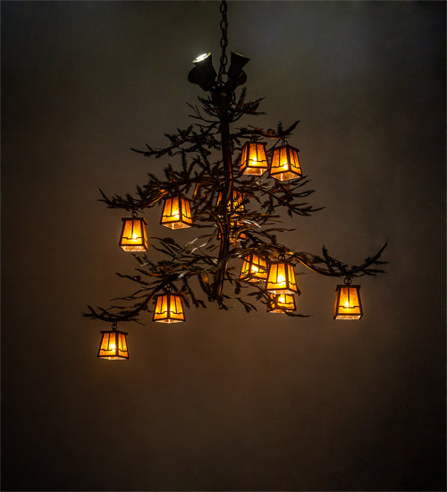Meyda Lighting Pine Branch 52" 16-Light Antique Copper Valley View Chandelier With Amber Mica Shade Glass