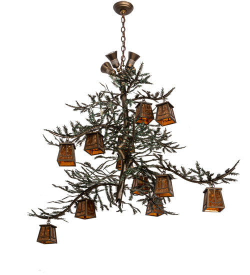 Meyda Lighting Pine Branch 52" 16-Light Antique Copper Valley View Chandelier With Amber Mica Shade Glass