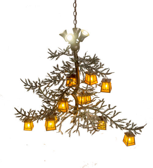 Meyda Lighting Pine Branch 52" 16-Light Antique Copper Valley View Chandelier With Amber Mica Shade Glass