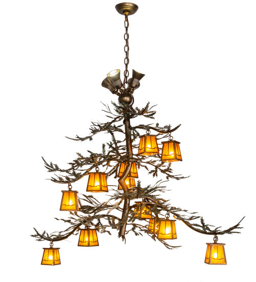 Meyda Lighting Pine Branch 52" 16-Light Antique Copper Valley View Chandelier With Amber Mica Shade Glass