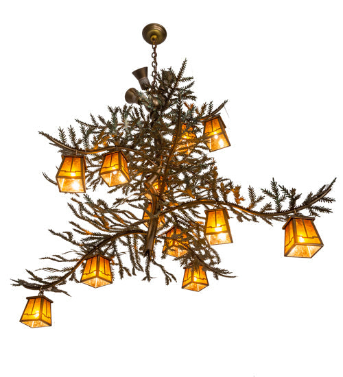 Meyda Lighting Pine Branch 52" 16-Light Antique Copper Valley View Chandelier With Amber Mica Shade Glass