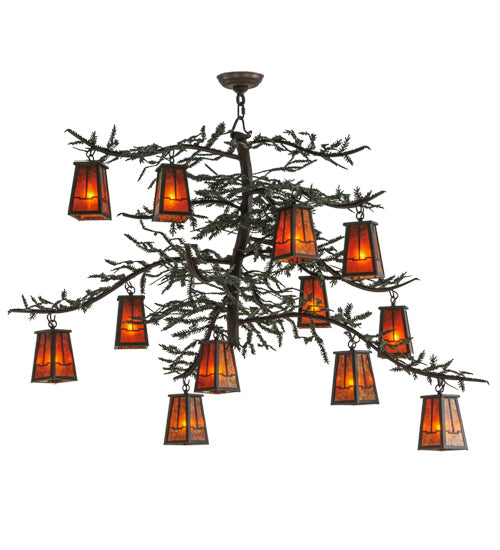 Meyda Lighting Pine Branch 53" 12-Light Timeless Bronze Valley View Chandelier With Amber Mica Shade Glass