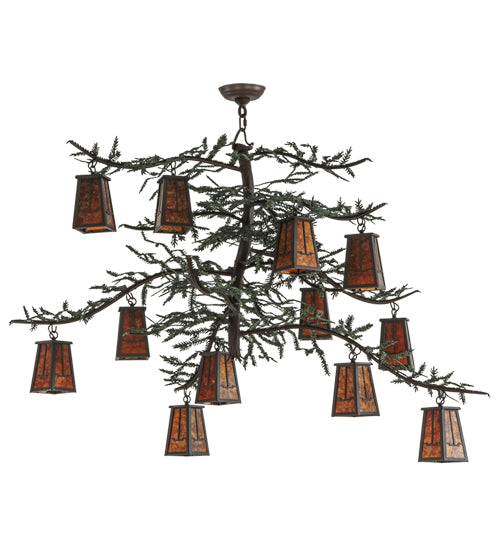 Meyda Lighting Pine Branch 53" 12-Light Timeless Bronze Valley View Chandelier With Amber Mica Shade Glass