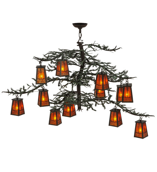 Meyda Lighting Pine Branch 53" 12-Light Timeless Bronze Valley View Chandelier With Amber Mica Shade Glass