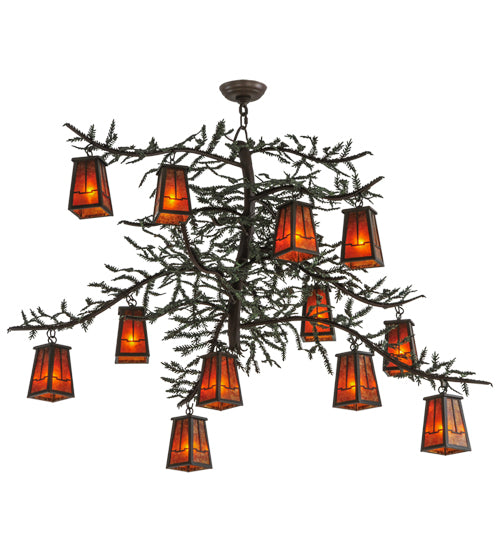 Meyda Lighting Pine Branch 53" 12-Light Timeless Bronze Valley View Chandelier With Amber Mica Shade Glass