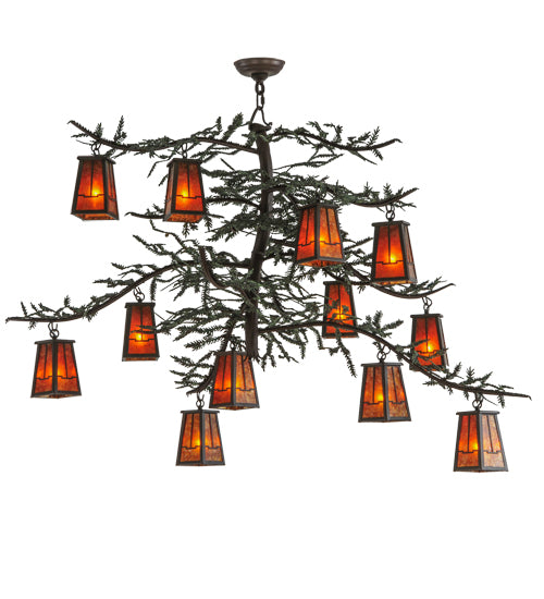 Meyda Lighting Pine Branch 53" 12-Light Timeless Bronze Valley View Chandelier With Amber Mica Shade Glass