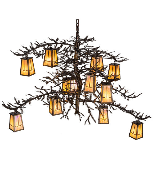 Meyda Lighting Pine Branch 54" 12-Light Antique Copper Valley View Chandelier With Beige Iridescent Shade Glass