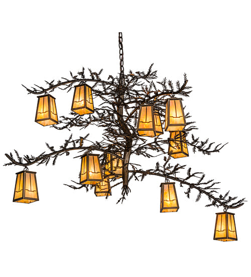 Meyda Lighting Pine Branch 54" 12-Light Antique Copper Valley View Chandelier With Beige Iridescent Shade Glass